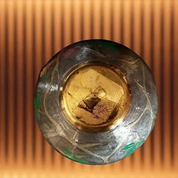 Vintage Cloisonné Vase Brass Floral 7" x 6 - Picture 4 of 4